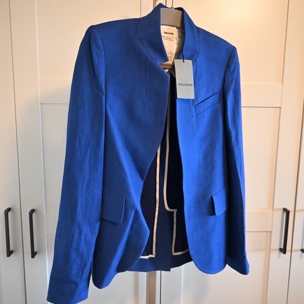 NWT: Zadig & Voltaire Very Open-front Linen Blend Blazer in Blue Saphire - Picture 4 of 16